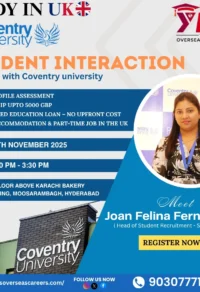 Meet Coventry University representatives in Hyderabad at Yes Overseas Careers – Study in the UK with scholarships up to £5000 GBP.