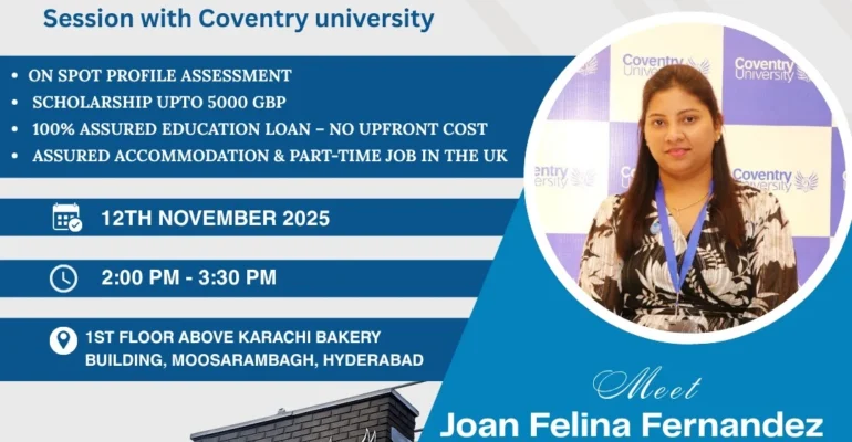 Meet Coventry University representatives in Hyderabad at Yes Overseas Careers – Study in the UK with scholarships up to £5000 GBP.