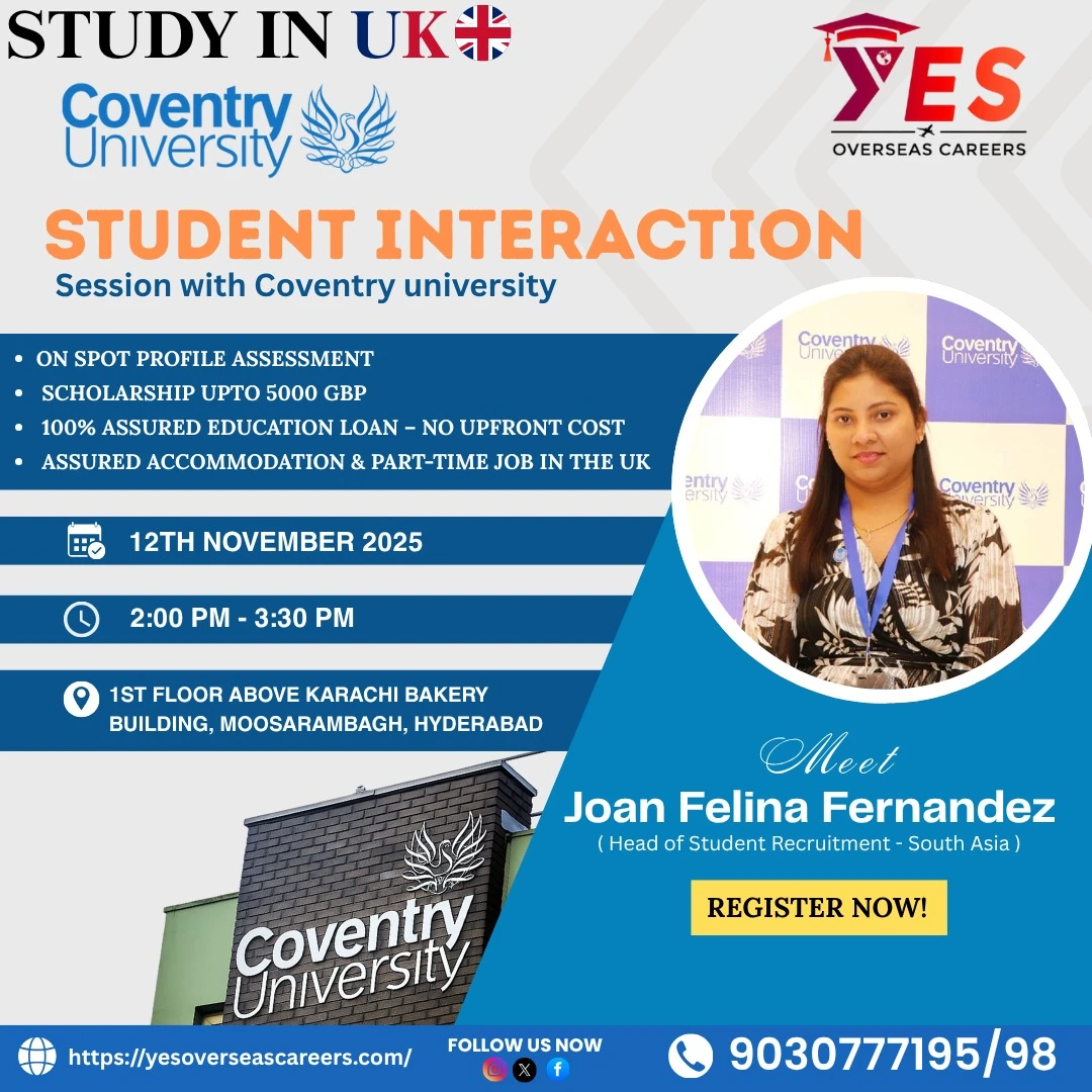 Meet Coventry University representatives in Hyderabad at Yes Overseas Careers – Study in the UK with scholarships up to £5000 GBP.