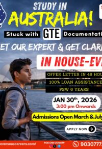 Study in Australia 2026 in-house event for GTE documentation, offer letter in 48 hours, and loan assistance by Yes Overseas Careers